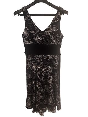 Black Floral V-Neck Midi Dress with White Outline Print